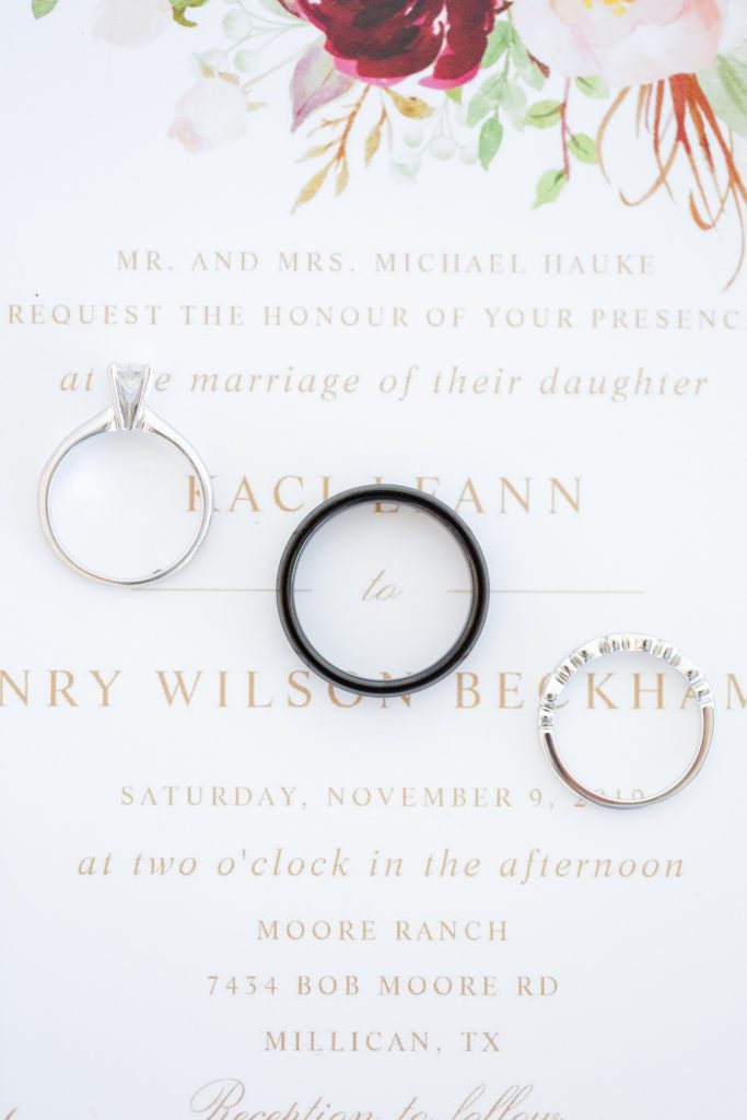 Three rings on a wedding invitation.