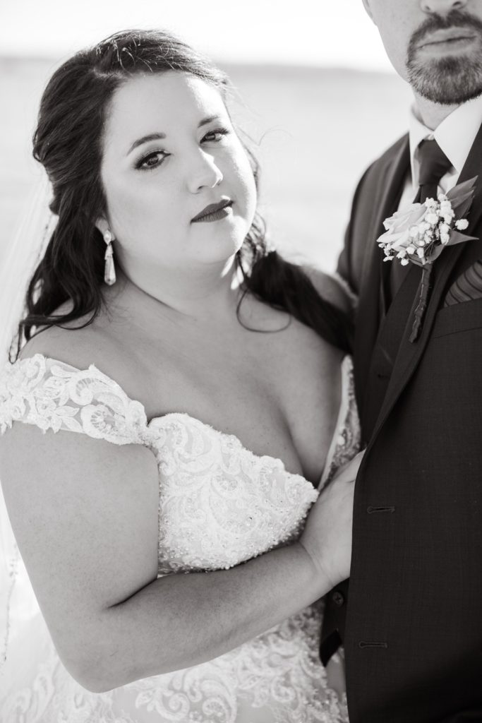 Classy bride and groom black and white image.