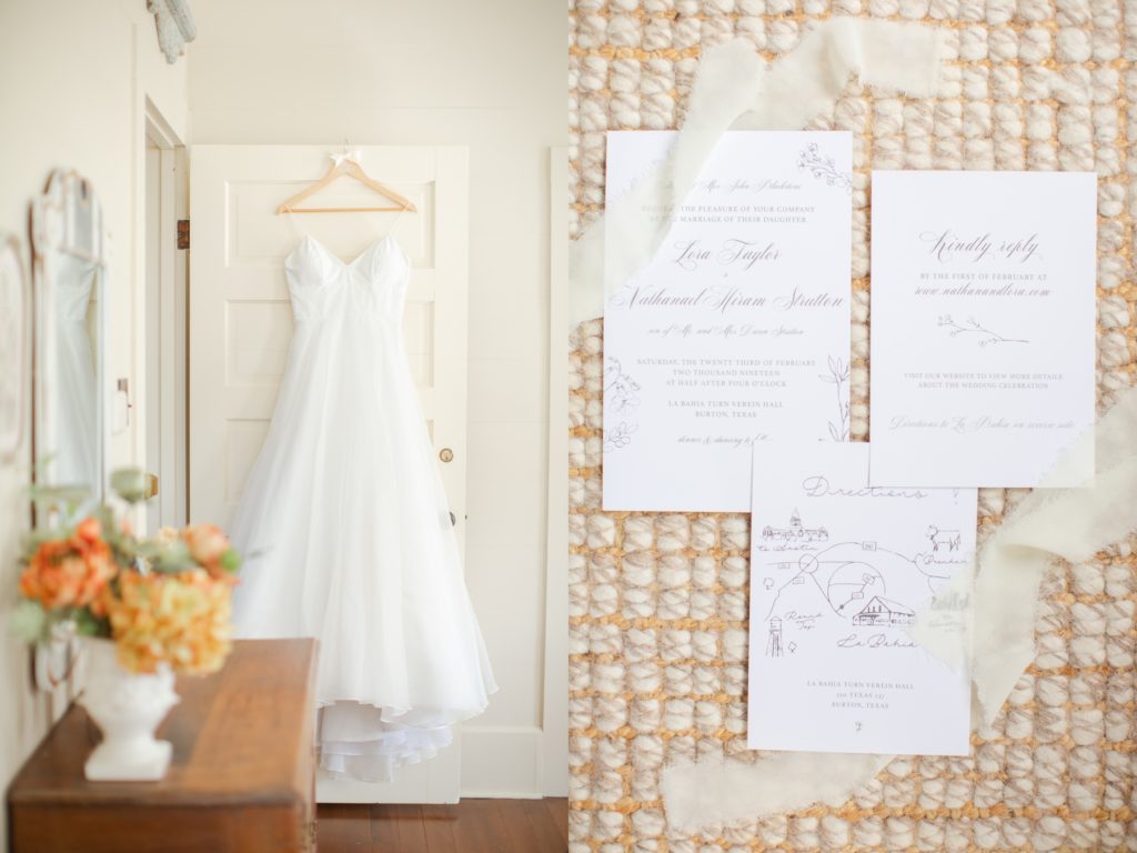 Classic wedding dress and wedding invitations styled in a boutique hotel. 